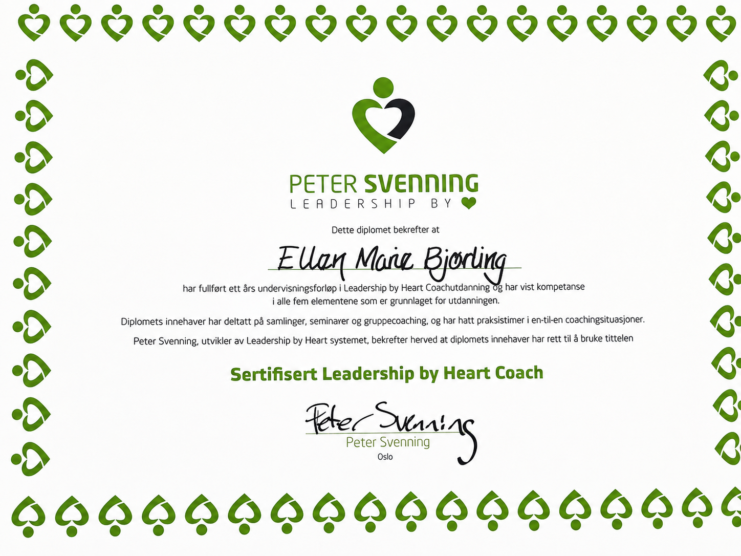 Diplom: Ellen Marie Bjørling er sertifisert Leadership by Heart Coach, utstedt av Peter Svenning